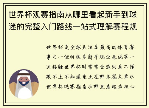 世界杯观赛指南从哪里看起新手到球迷的完整入门路线一站式理解赛程规则看点